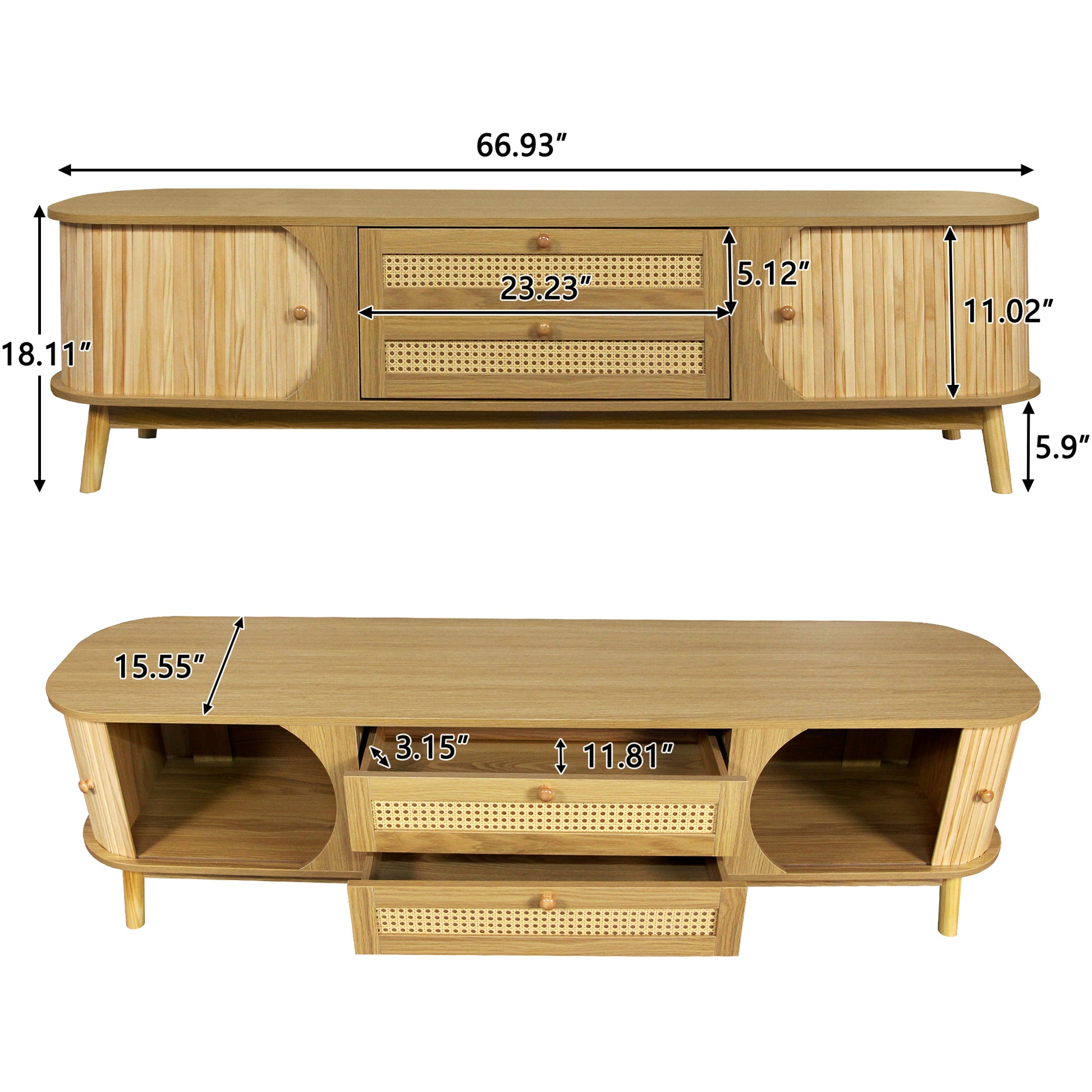 Light oak wood sideboard with fluted doors cane accents and two drawers for storage