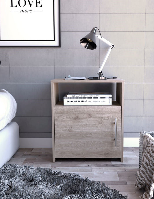 Light oak veneer bedside cabinet with one drawer and open shelf