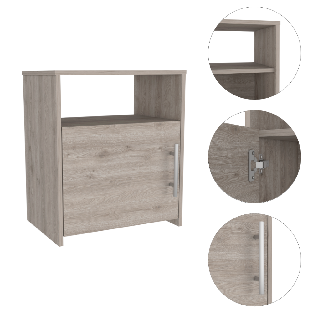 Modern grey wood nightstand with open shelf and single door cabinet