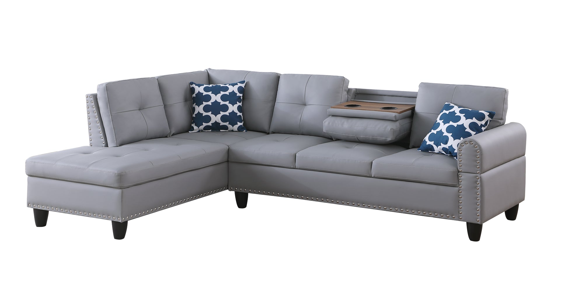 Gray faux leather sectional sofa with decorative nailhead trim and builtin cup holders