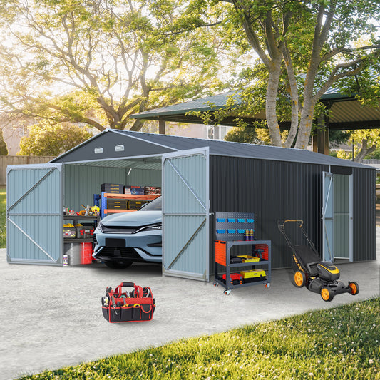 Spacious grey metal garage shed with open double doors revealing a car and organized shelving