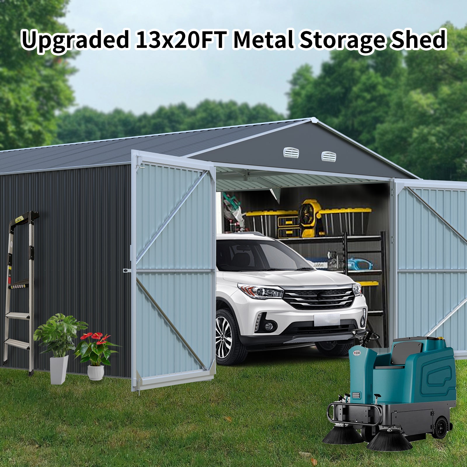 Large grey xFT metal storage shed with double doors housing a white SUV and shelving
