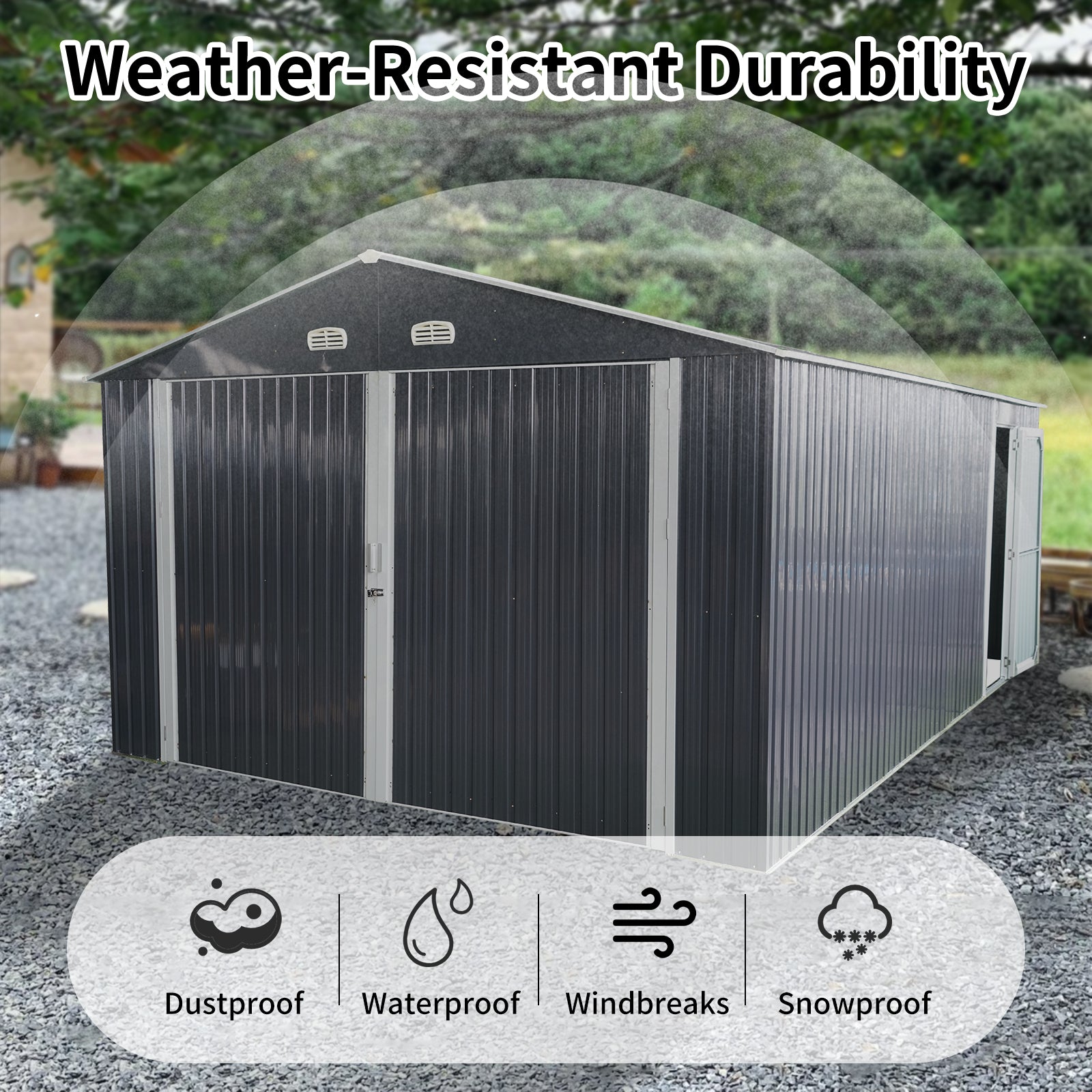 Dark grey corrugated metal storage shed with double doors dustproof