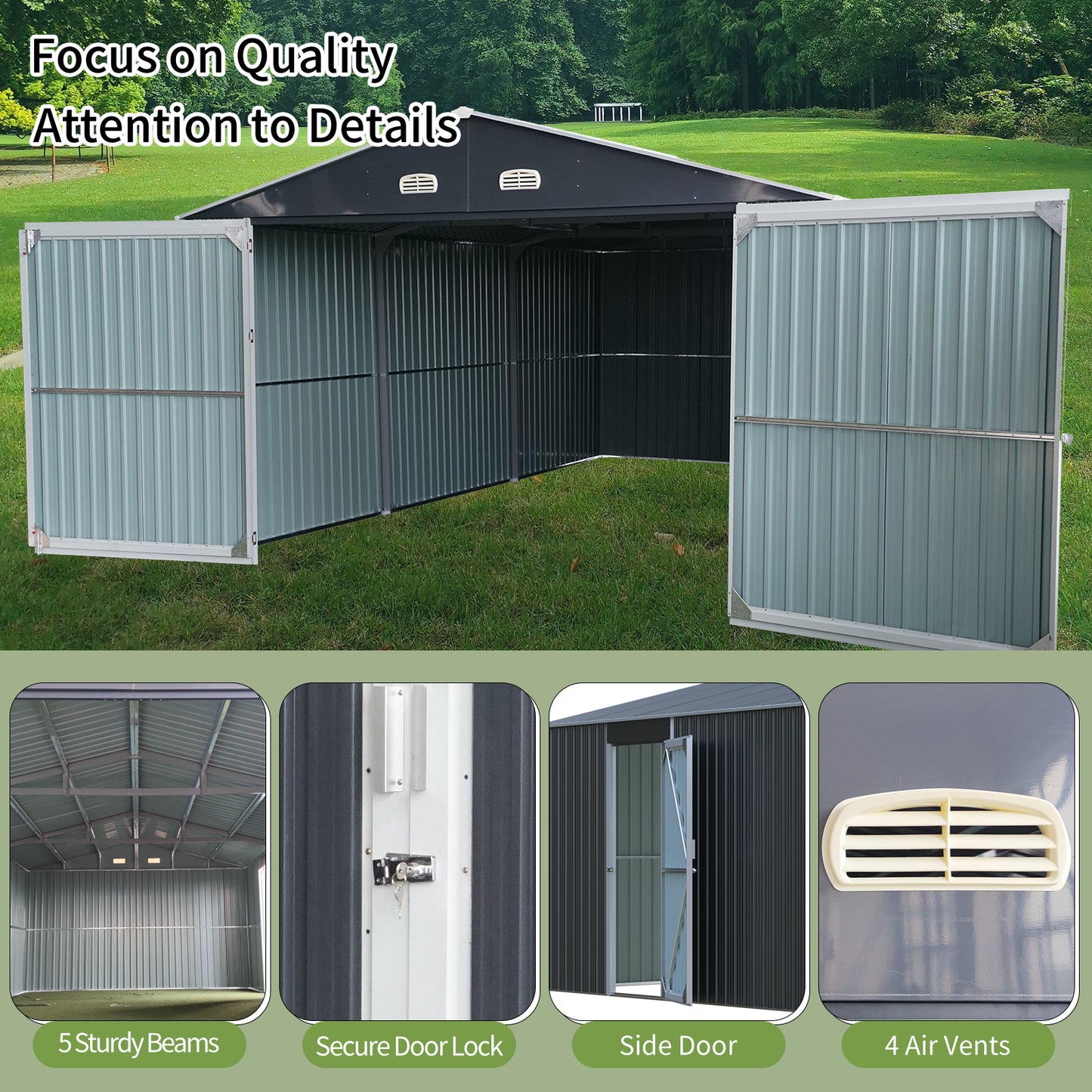 Black metal storage shed with dual doors ideal for garden tools