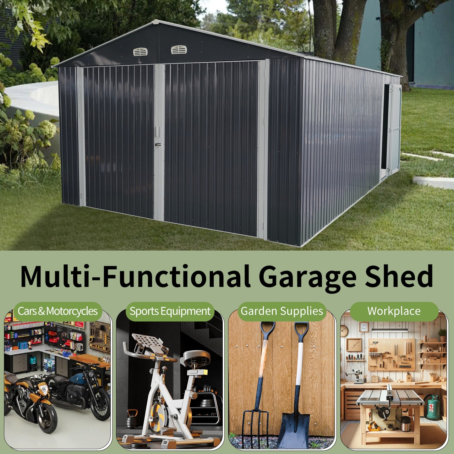 Dark gray corrugated metal garage shed with double doors for outdoor storage