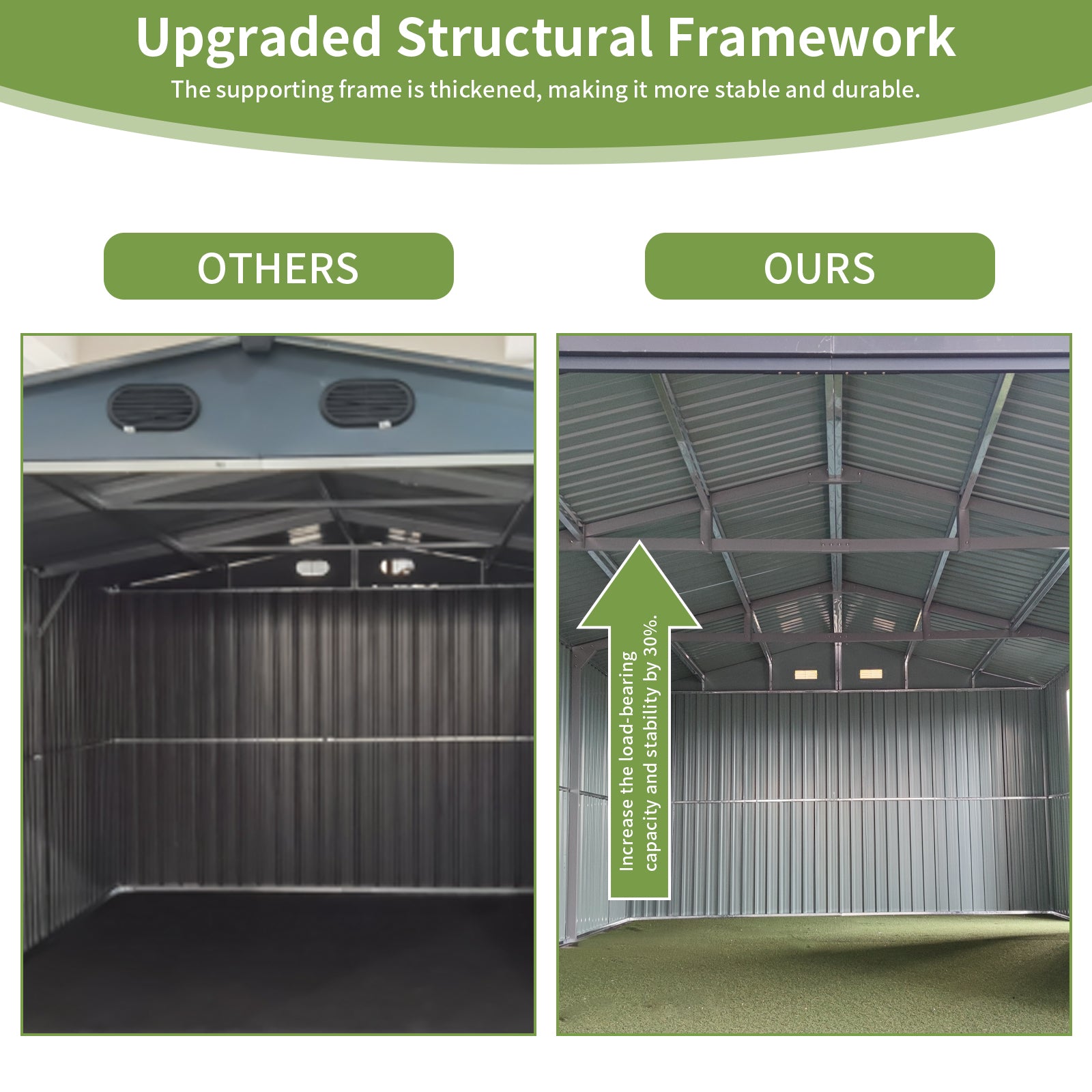 Interior view of a sturdy reinforced metal shed framework with green siding