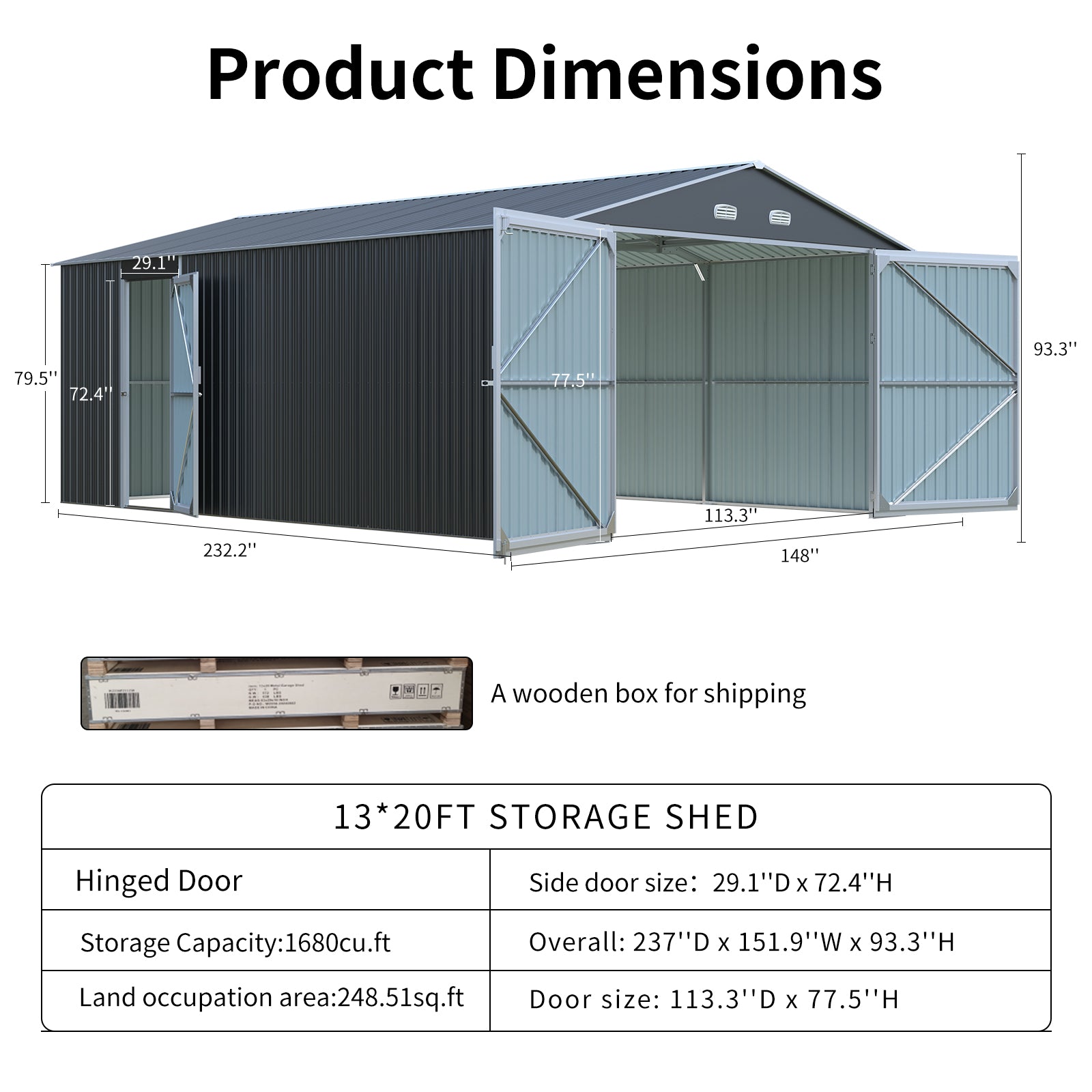 xft metal storage shed with hinged double doors and ventilation
