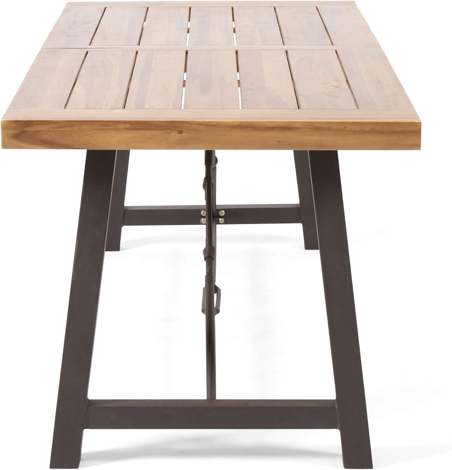 Acacia wood dining table with a slatted top and dark metal Aframe legs