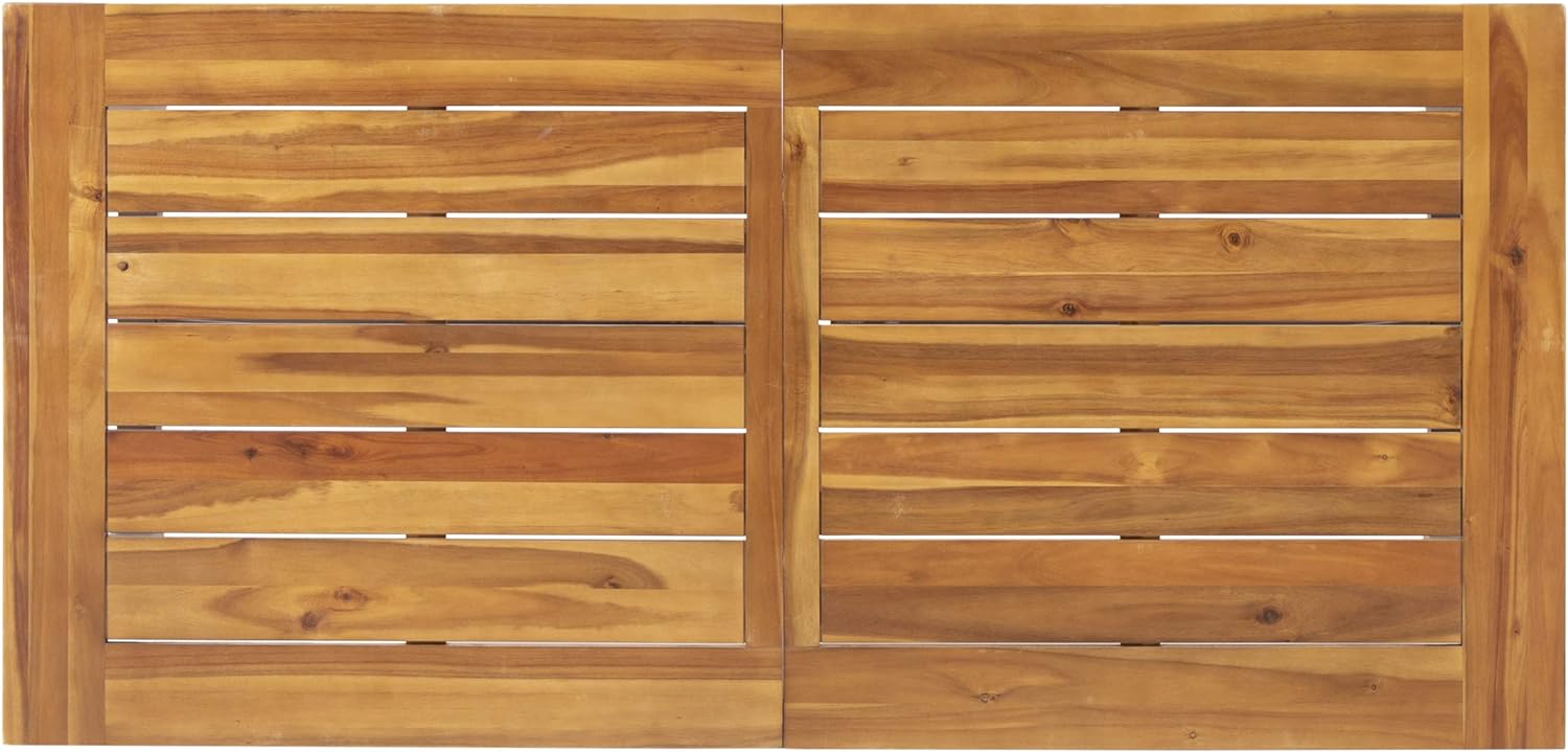 Natural wood slatted patio dining table top in warm brown tones