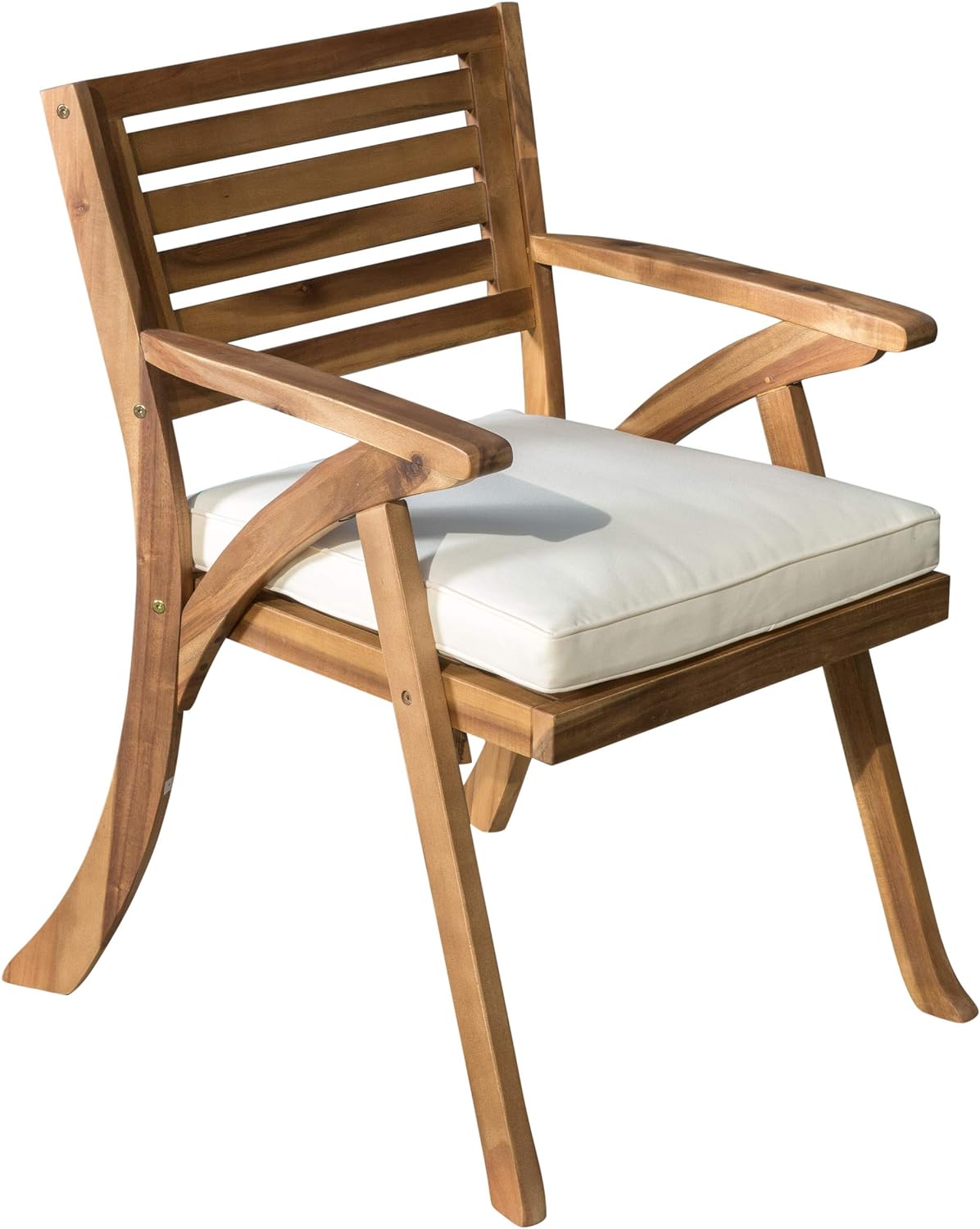 Wooden patio chair with white cushion natural wood finish slatted back