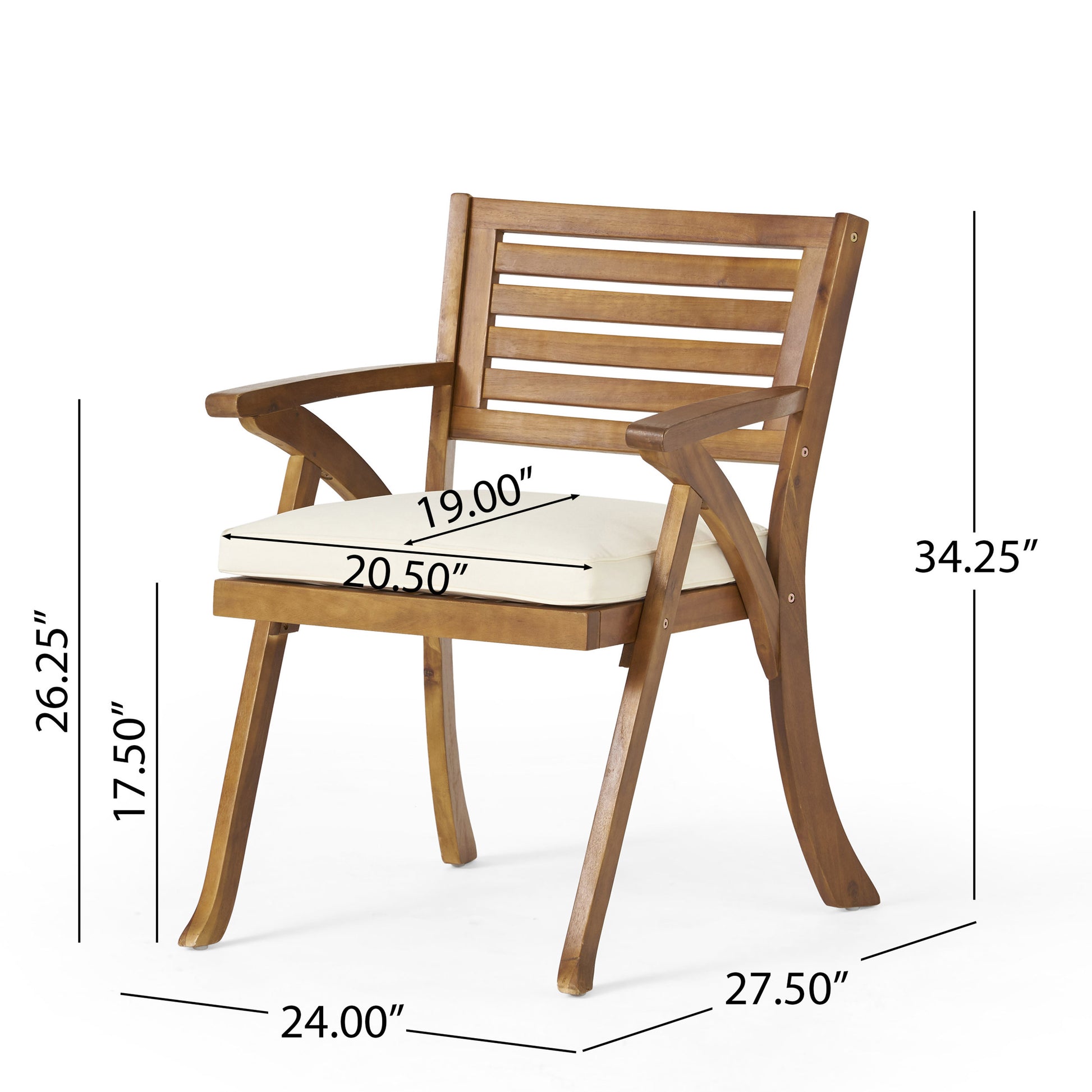 Wooden armchair with slatted back and cream cushion for outdoor seating