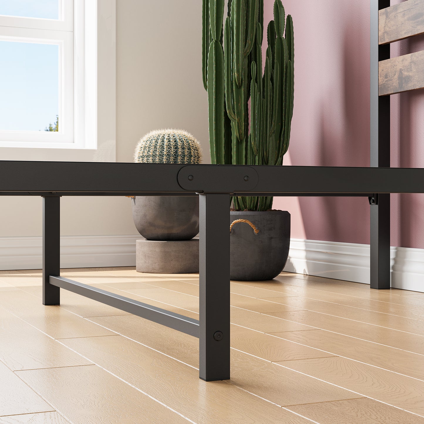 Black metal platform bed frame with wooden headboard slats