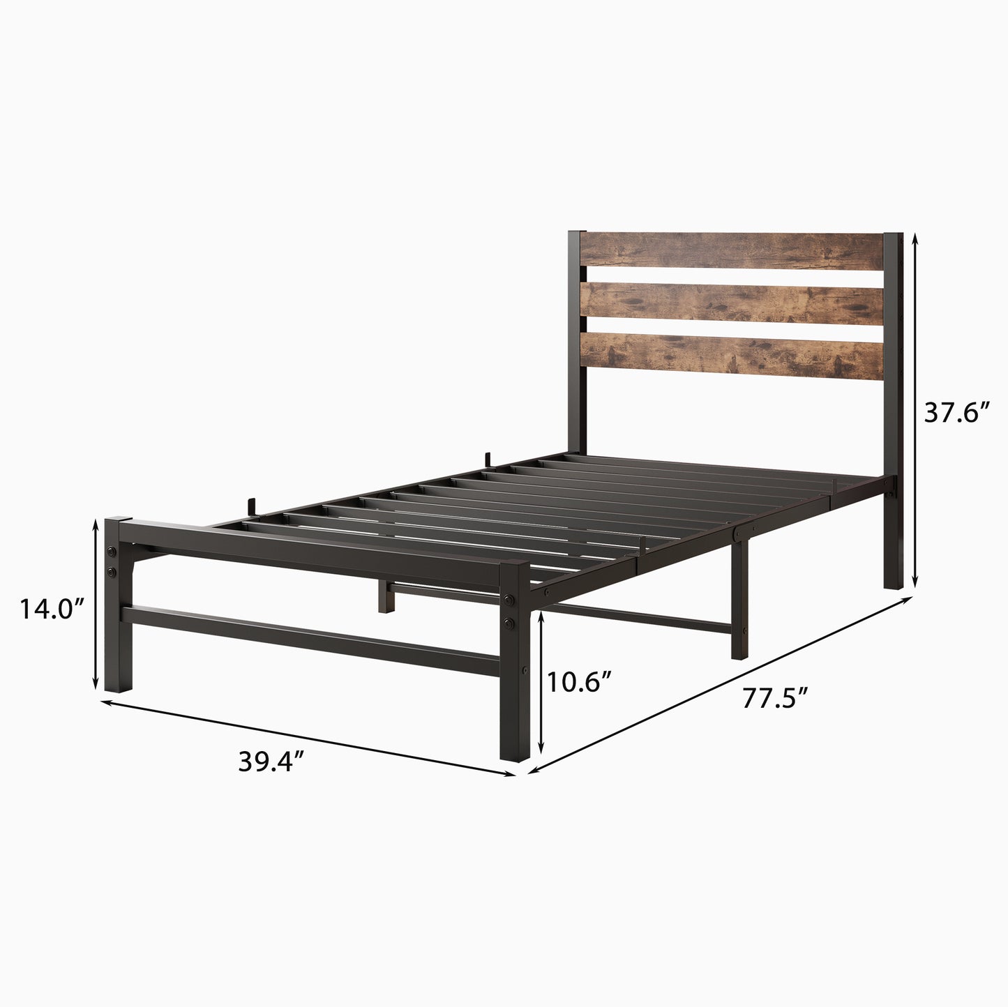 Metal platform bed frame with rustic wood plank headboard