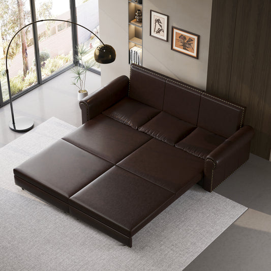 Dark brown leather sectional sofa with studded trim partially extended for sleeping