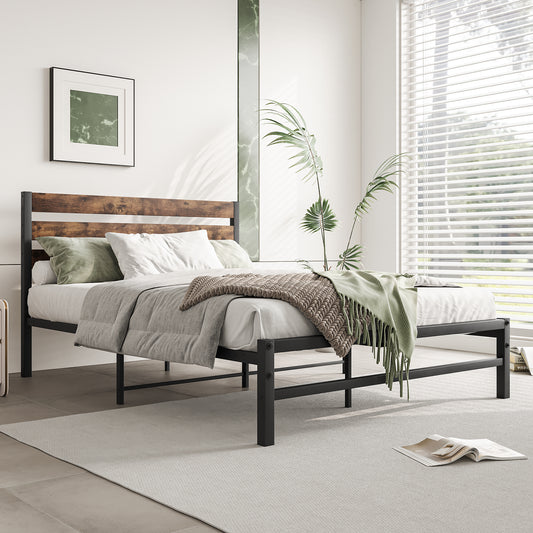 Modern black metal bed frame with rustic wood headboard
