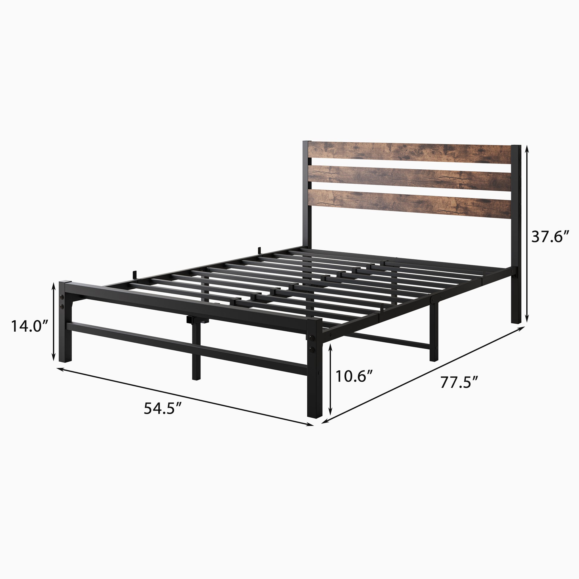 Rustic wood and black metal platform bed frame with slatted support