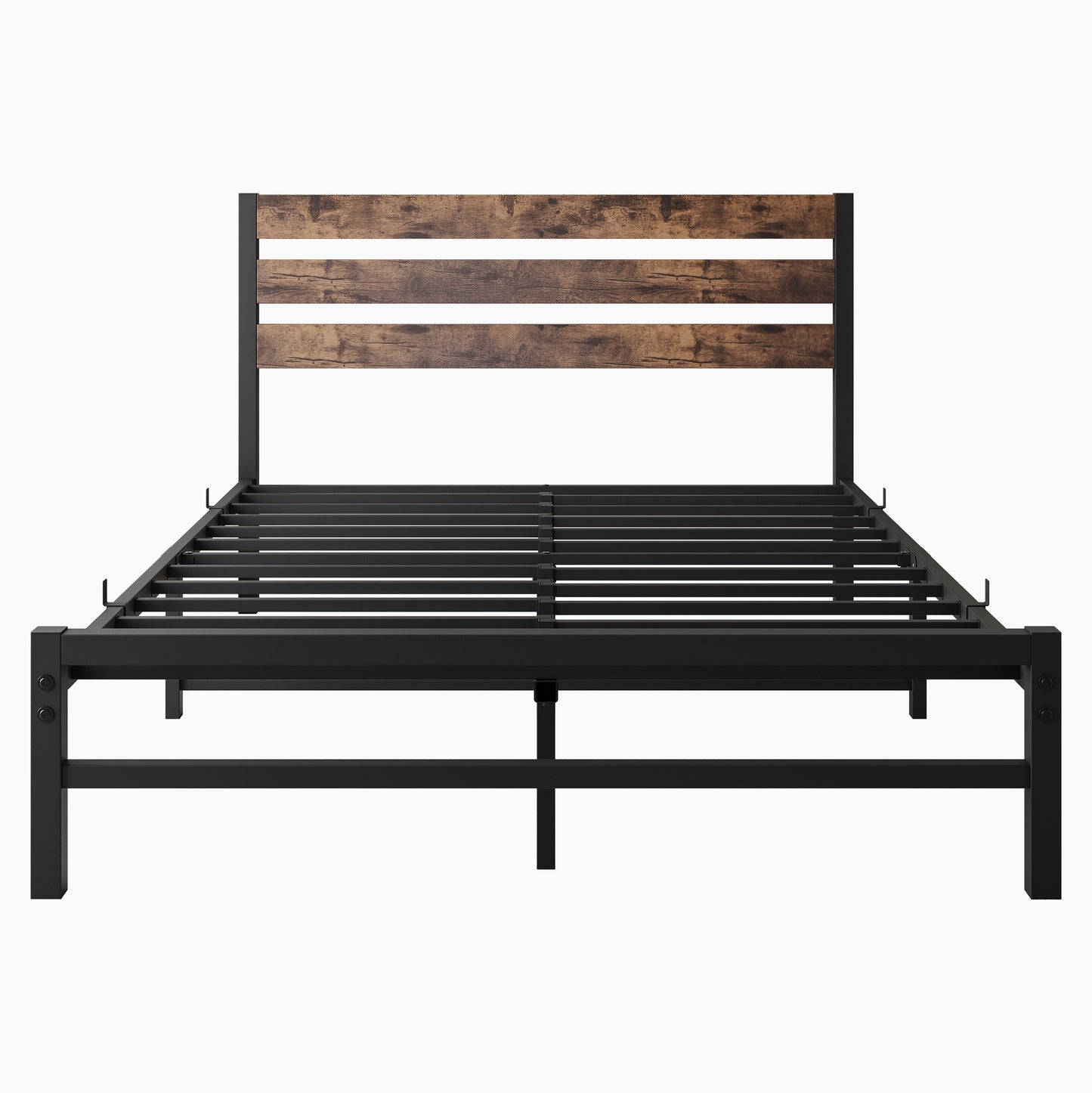 Industrial metal bed frame with rustic wood headboard