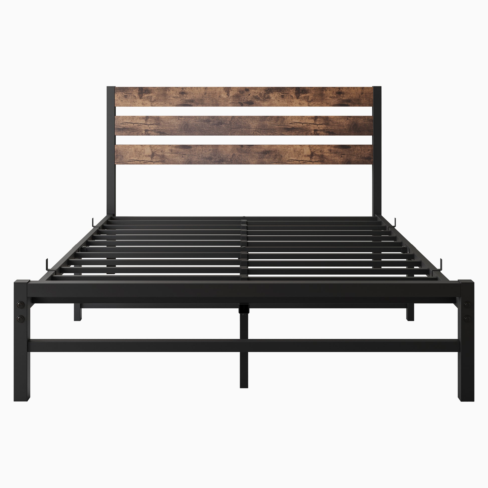 Industrial metal bed frame with rustic wood headboard