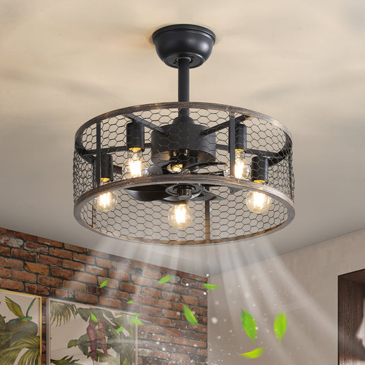 Industrial ceiling fan with cage design and six exposed Edison bulbs