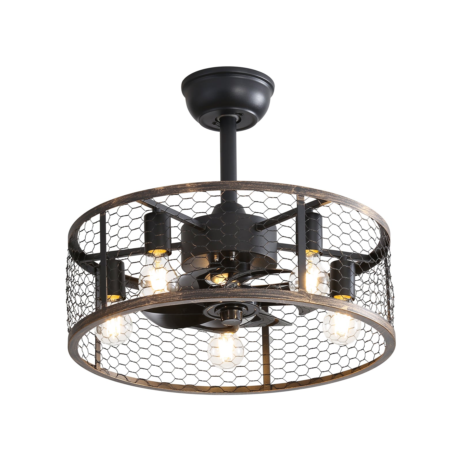 Rustic black ceiling fan with chicken wire cage and Edison bulbs