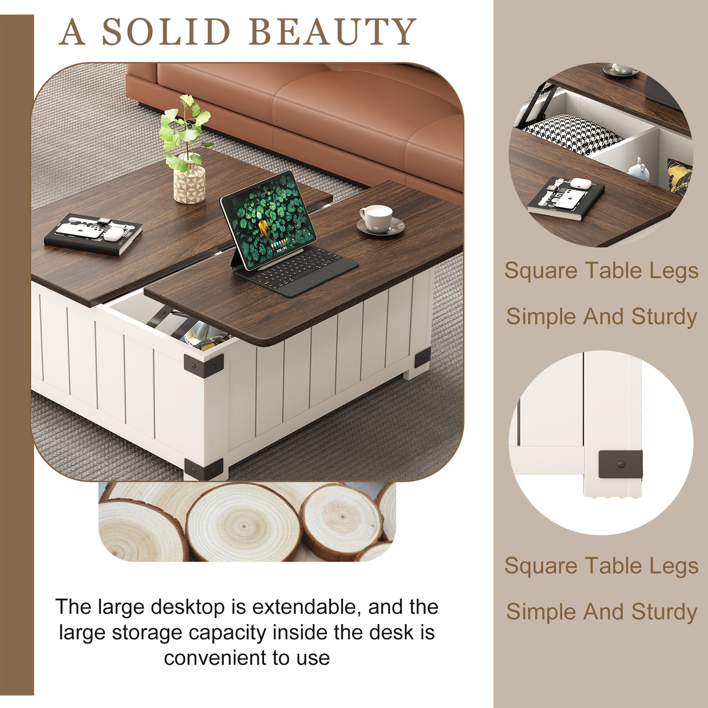 Dark wood lifttop coffee table with white storage base and integrated laptop