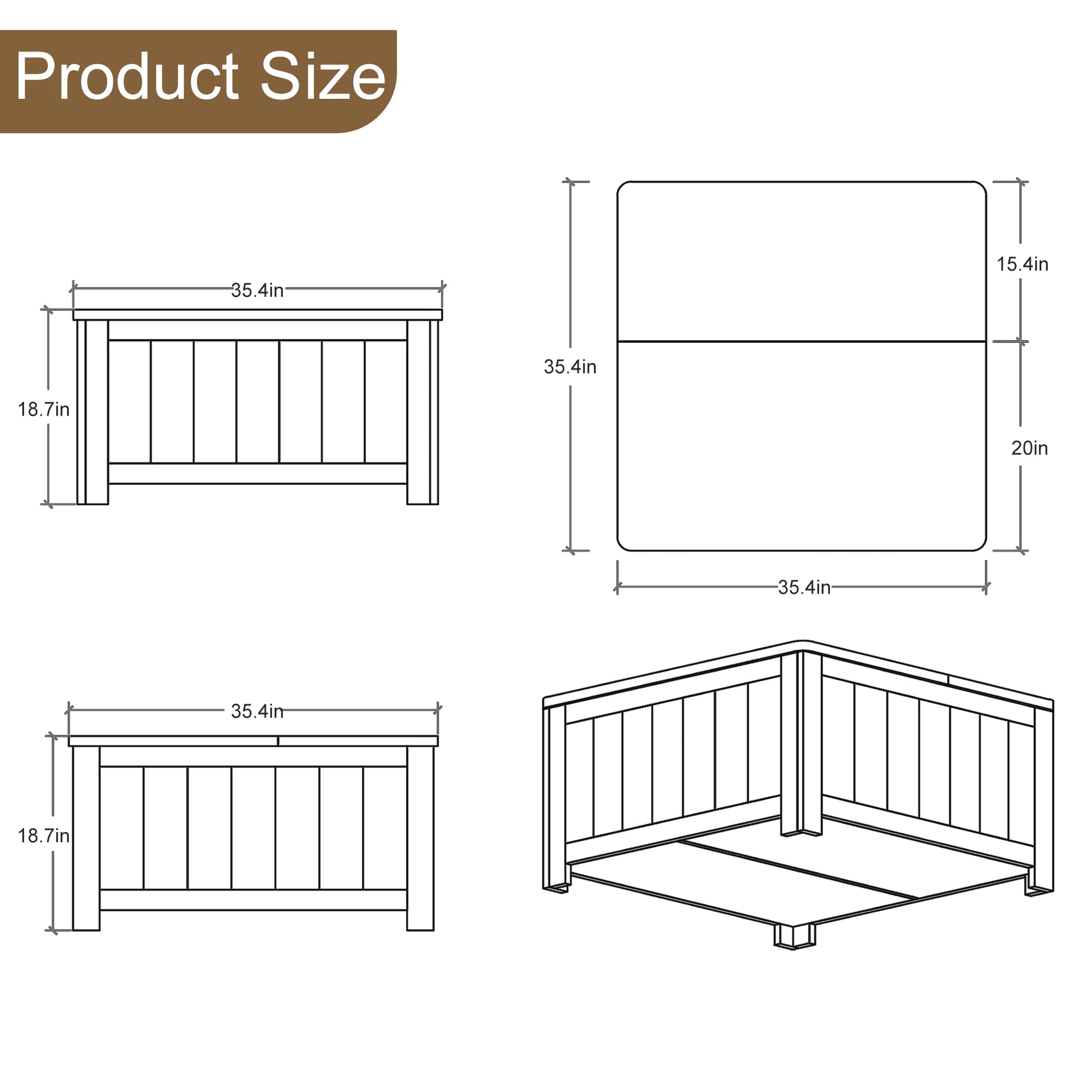 Line drawing of a wooden storage ottoman in length in height for living room