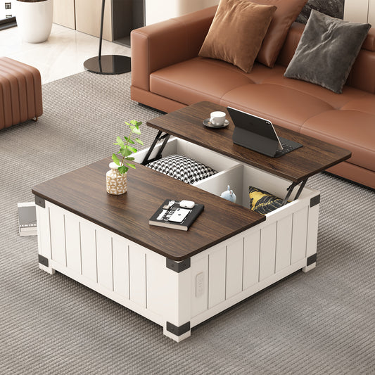 Lifttop coffee table with dark wood top and white base storage ideal for living rooms