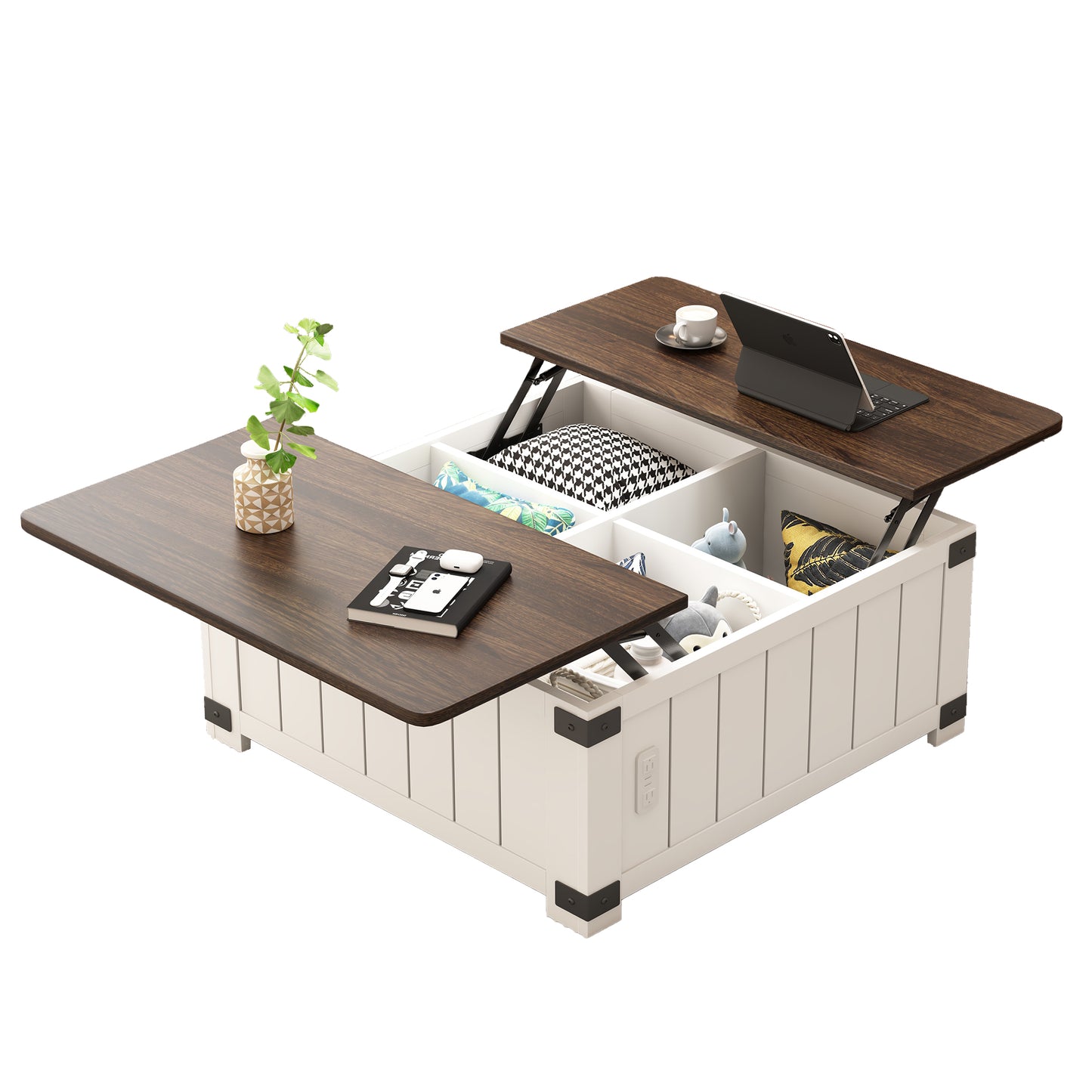 Lifttop coffee table with dark wood top and white storage base