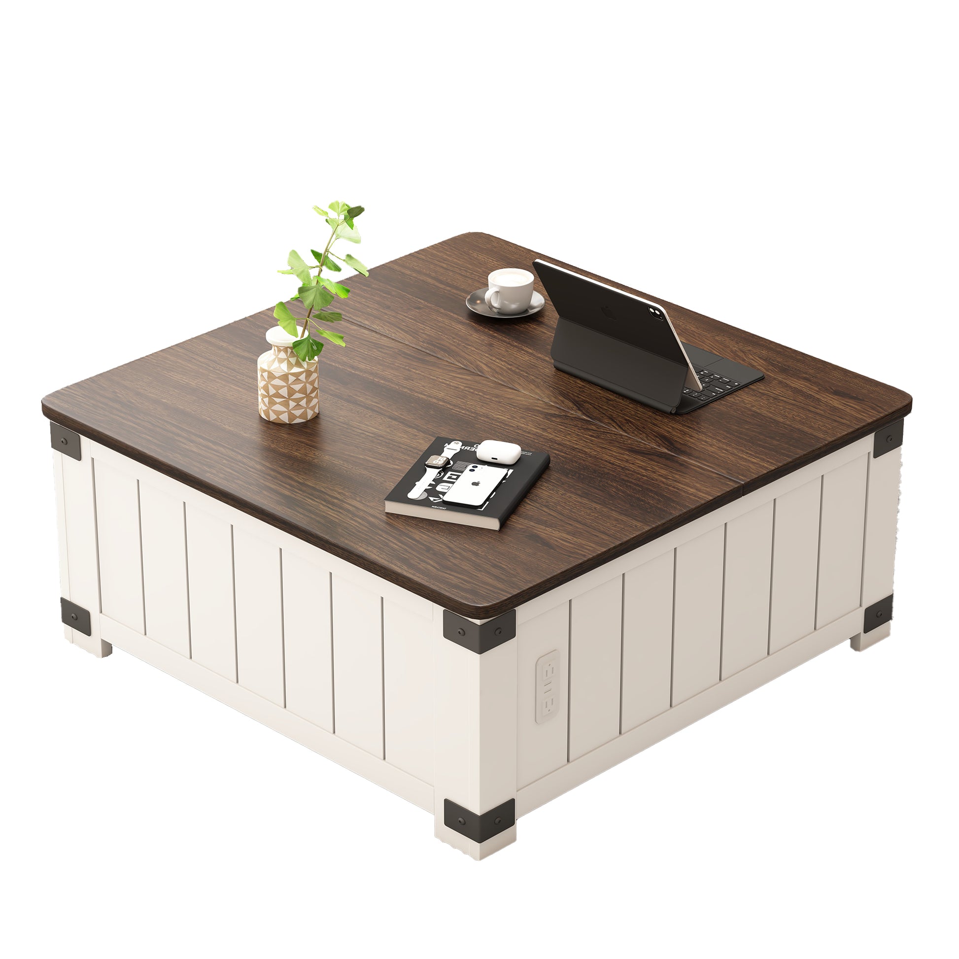 Farmhouse style coffee table with a dark wood top and white paneled base featuring builtin power outlets