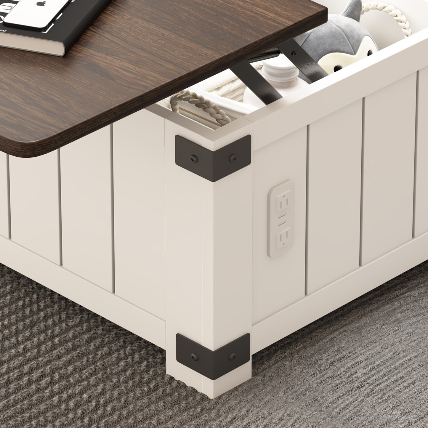 White storage ottoman with lifttop dark wood surface and builtin outlets