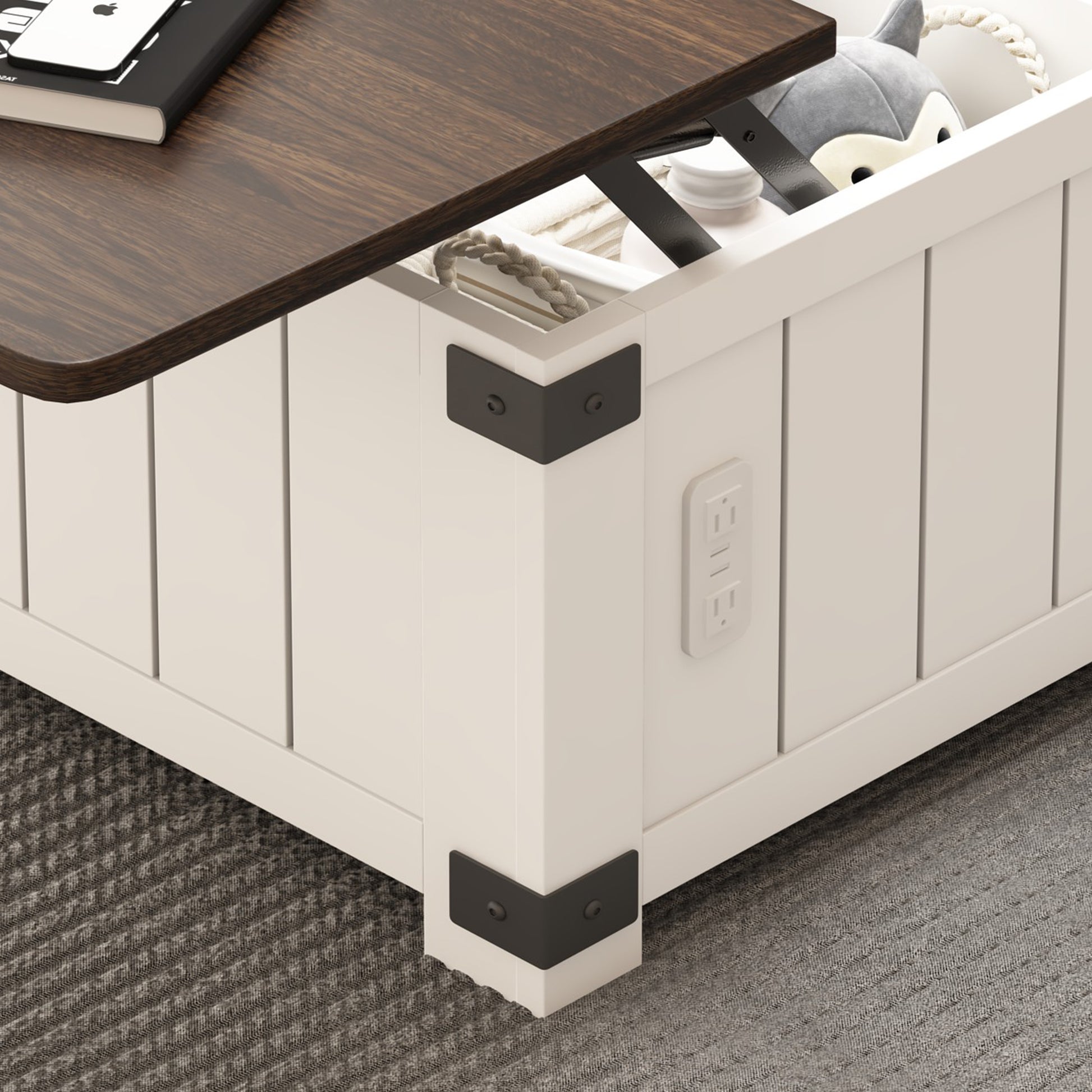 White storage ottoman with lifttop dark wood surface and builtin outlets