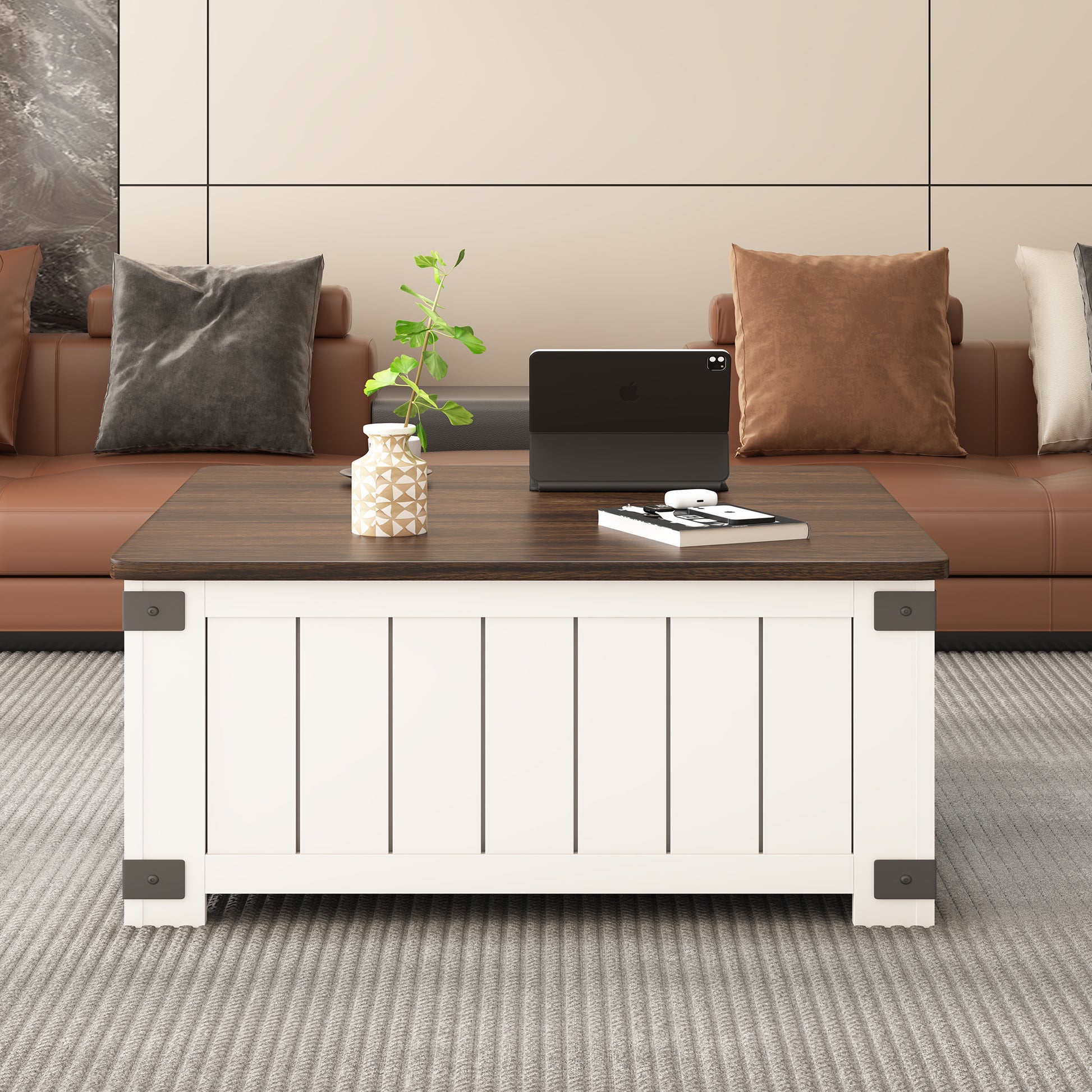 White paneled storage coffee table with dark wood top perfect for living rooms