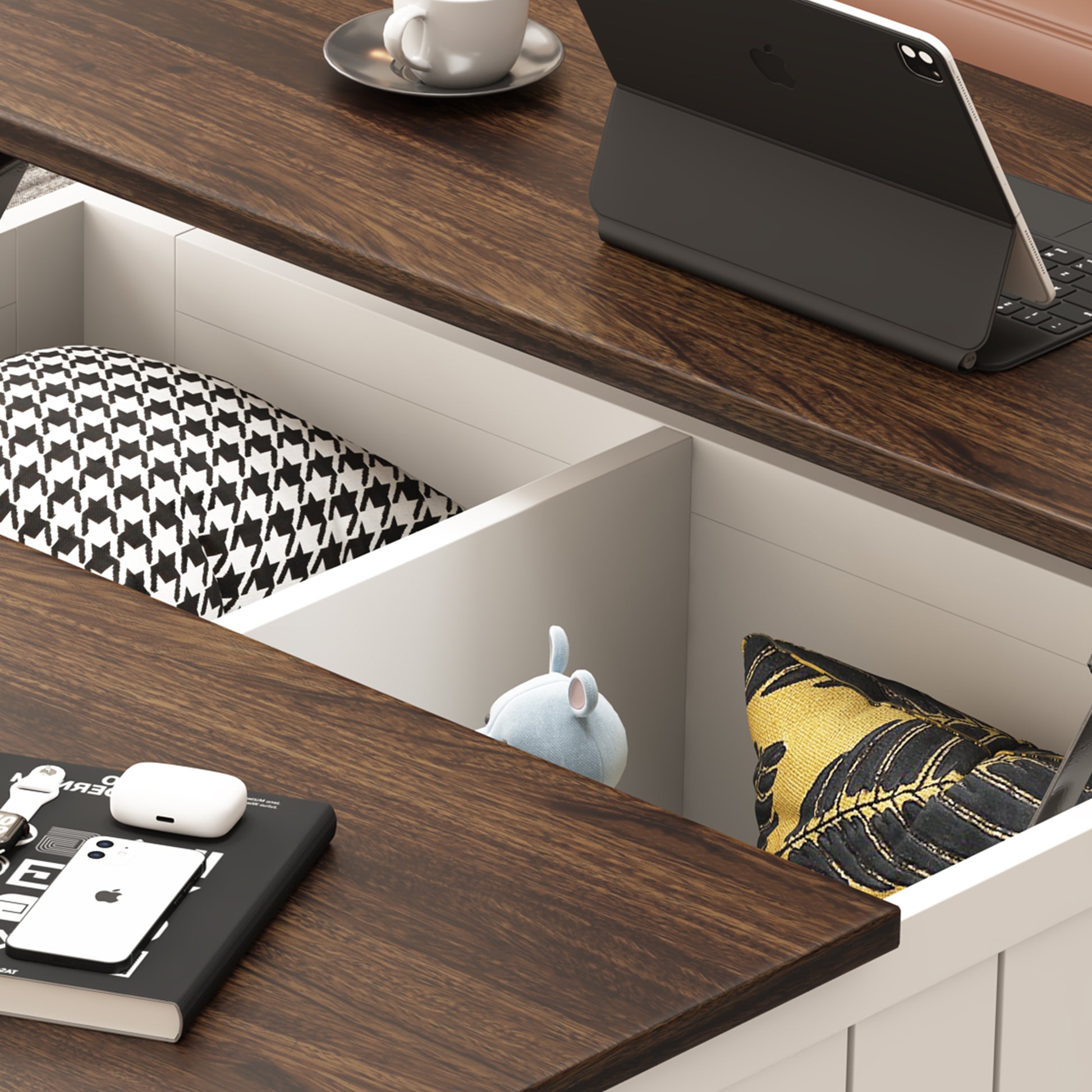 Dark wood desk with integrated storage holding pillows a tablet and electronics