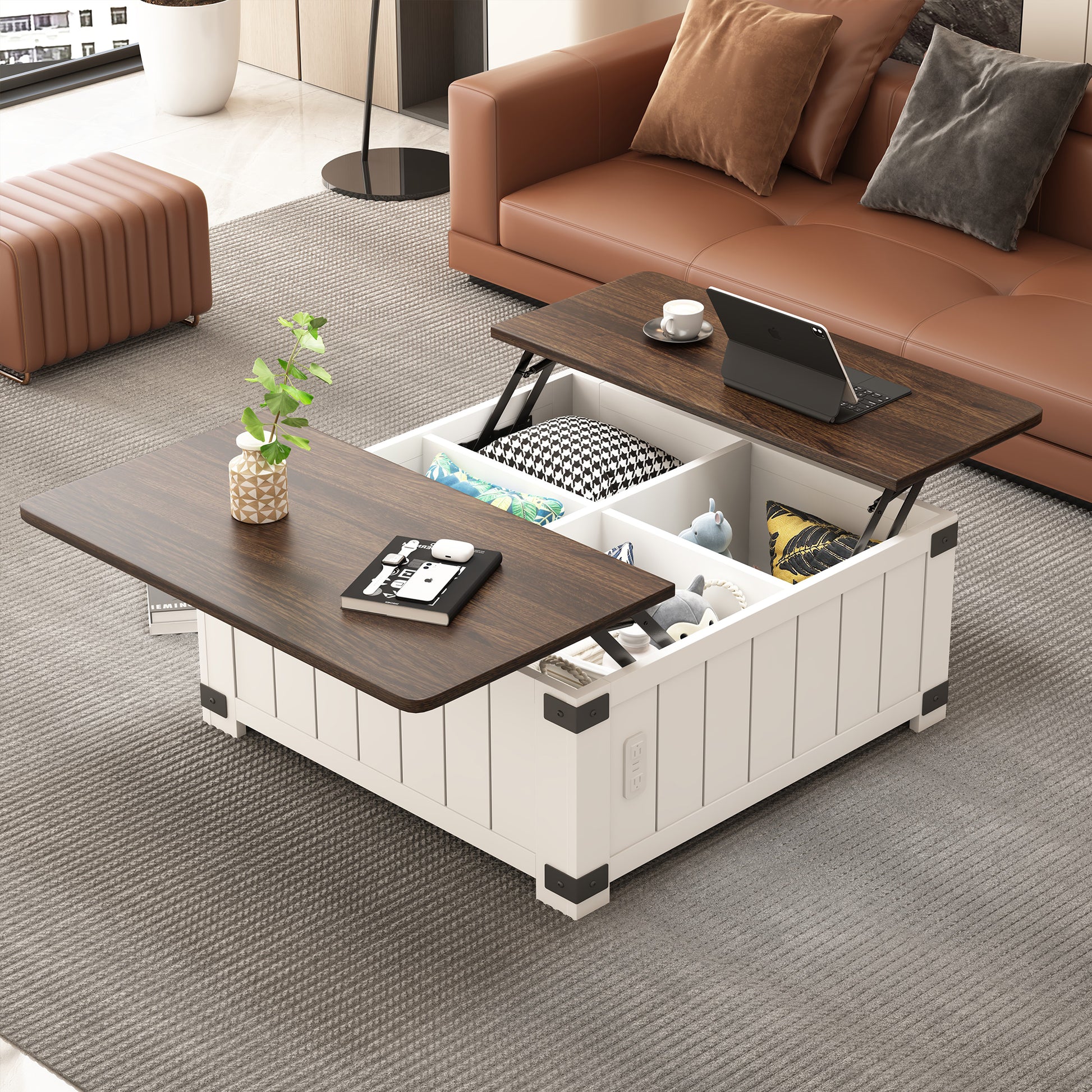 Lifttop coffee table with walnut veneer and white base features hidden storage compartments for living rooms