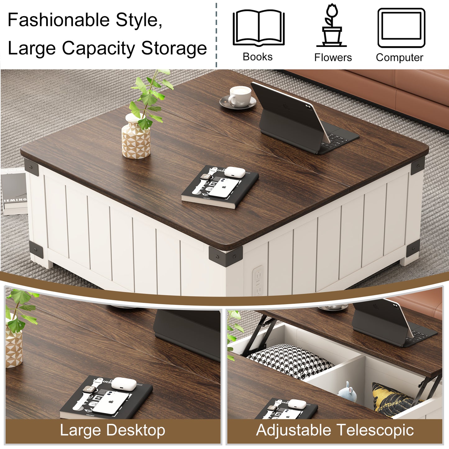 Dark wood coffee table with white storage base and integrated power outlet
