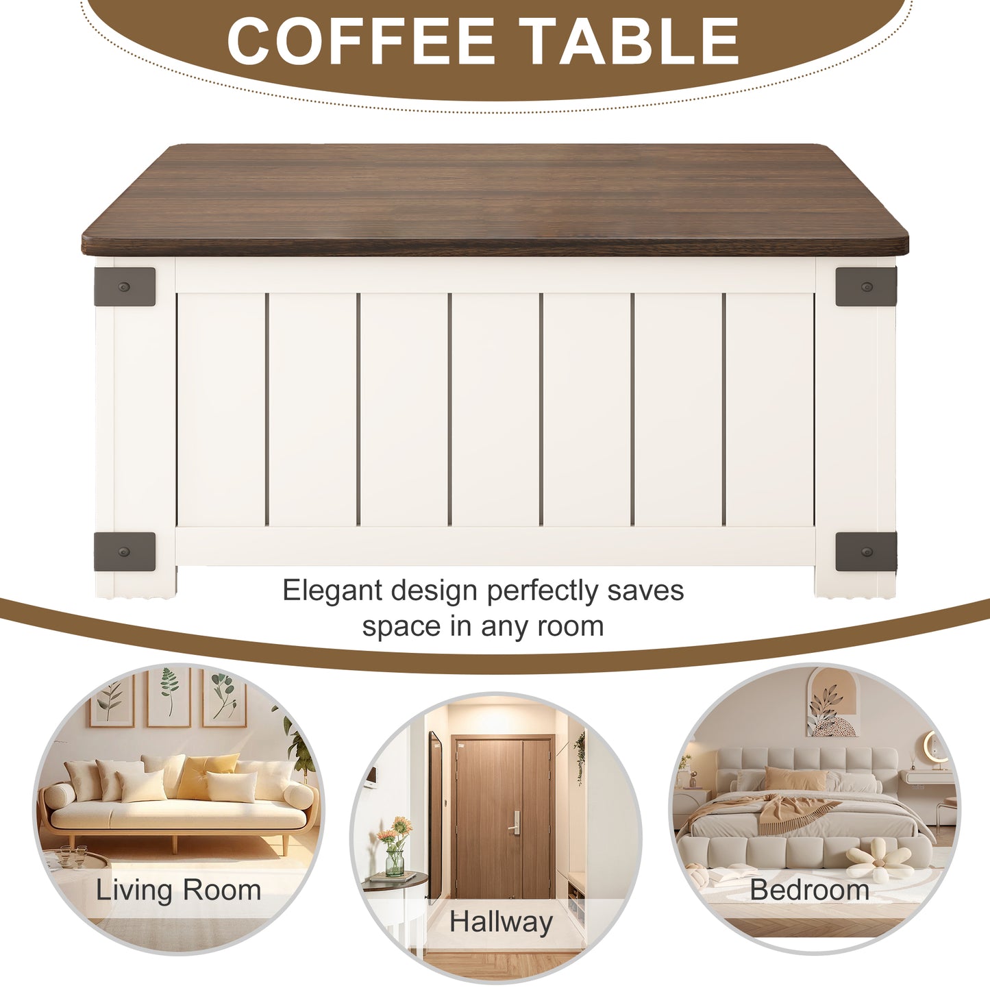 White and dark wood farmhouse coffee table with paneled sides and metal accents