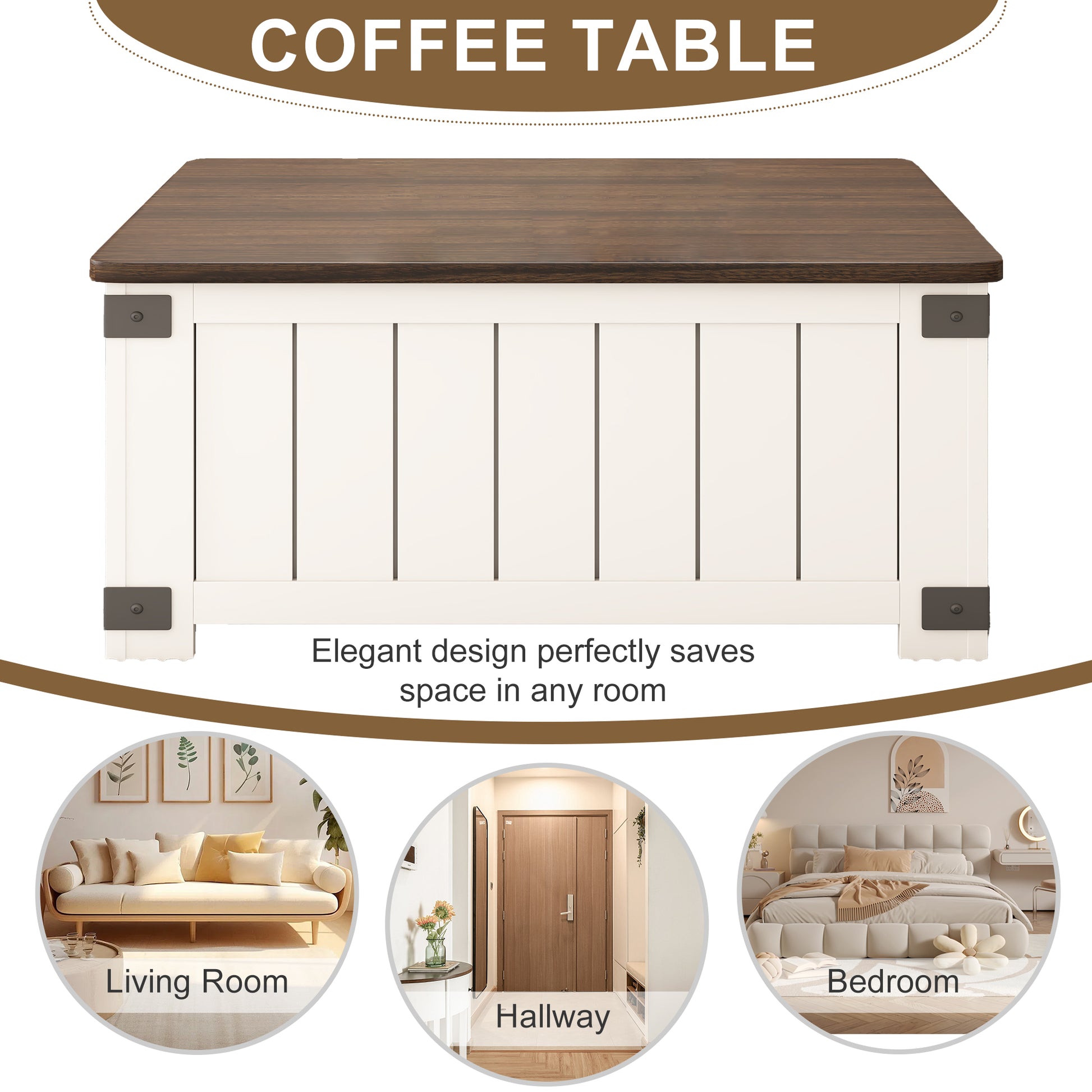 White and dark wood farmhouse coffee table with paneled sides and metal accents