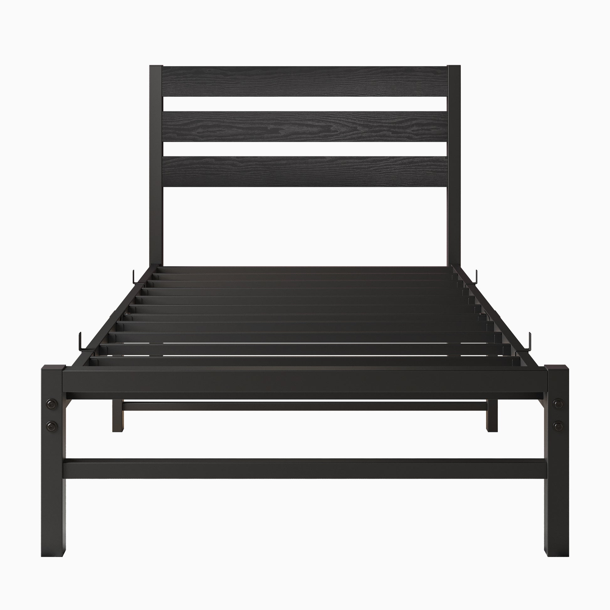Black metal bed frame with dark wood headboard slats