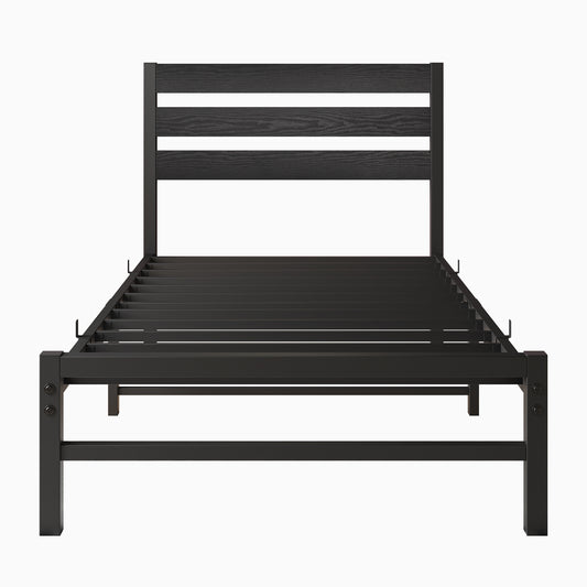 Black metal bed frame with dark wood headboard slats