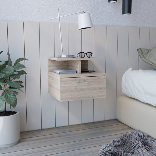 Floating nightstand with light wood finish and single drawer