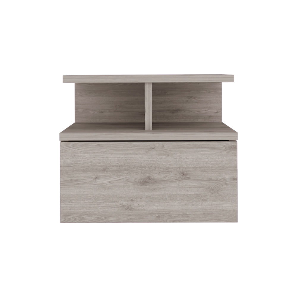 Modern grey wood veneer nightstand with one drawer and open shelving
