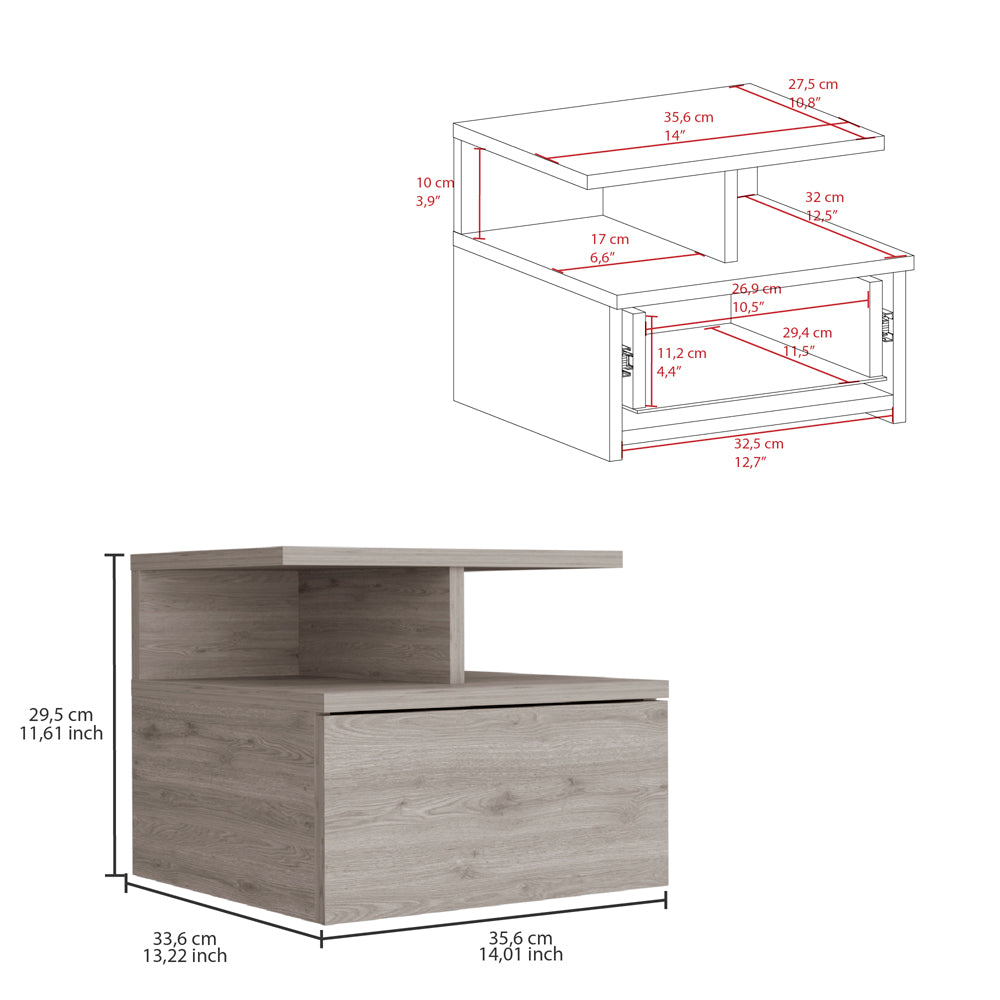 Modern grey wood bedside table with drawer and open shelf