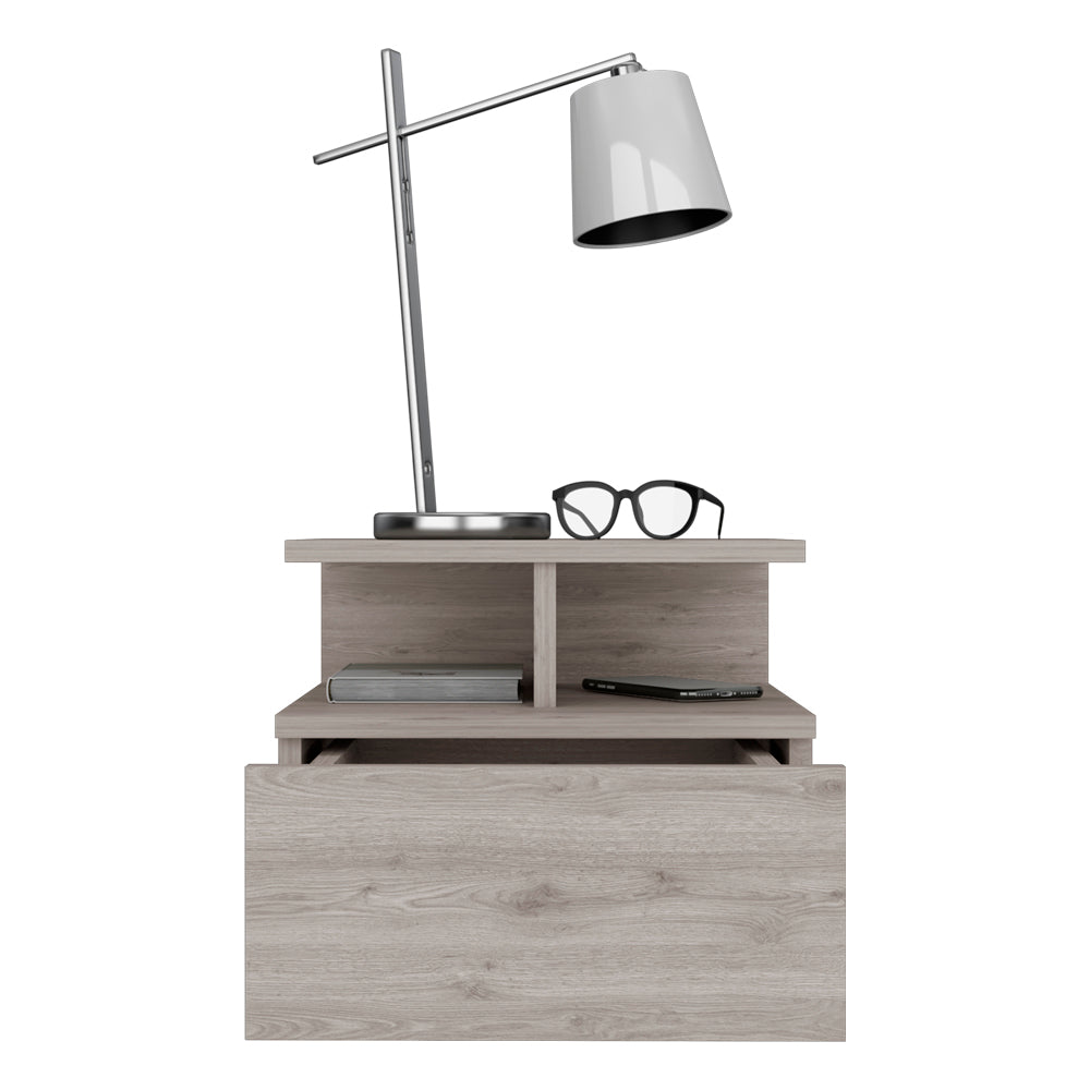 Modern Floating Nightstand with Drawer and Open Storage Shelves - Grey