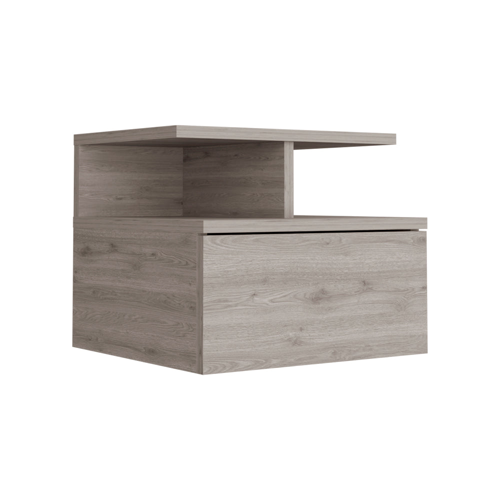 Modern grey oak bedside table with one drawer and open shelf nightstand