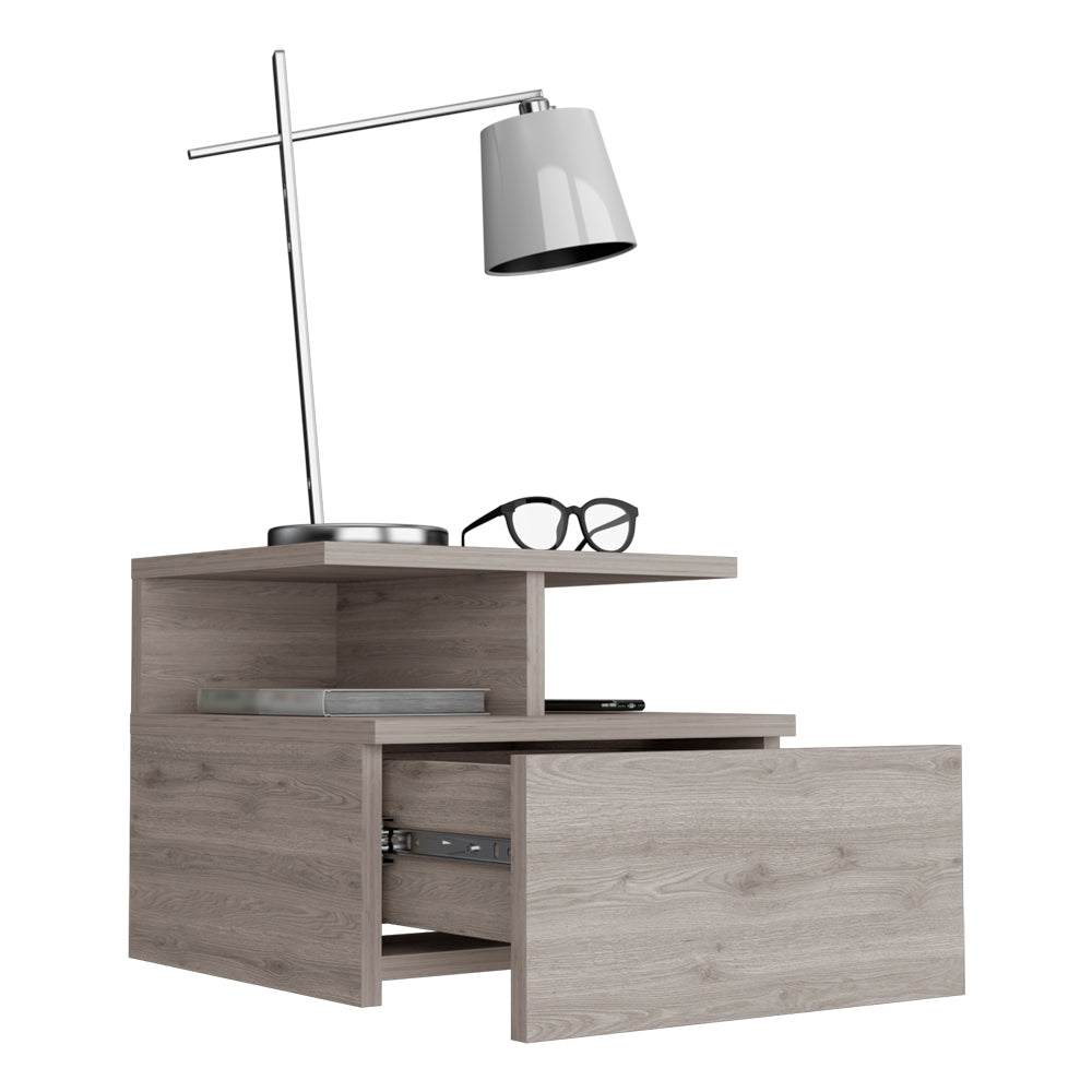 Modern grey wood bedside table with open shelves and a drawer