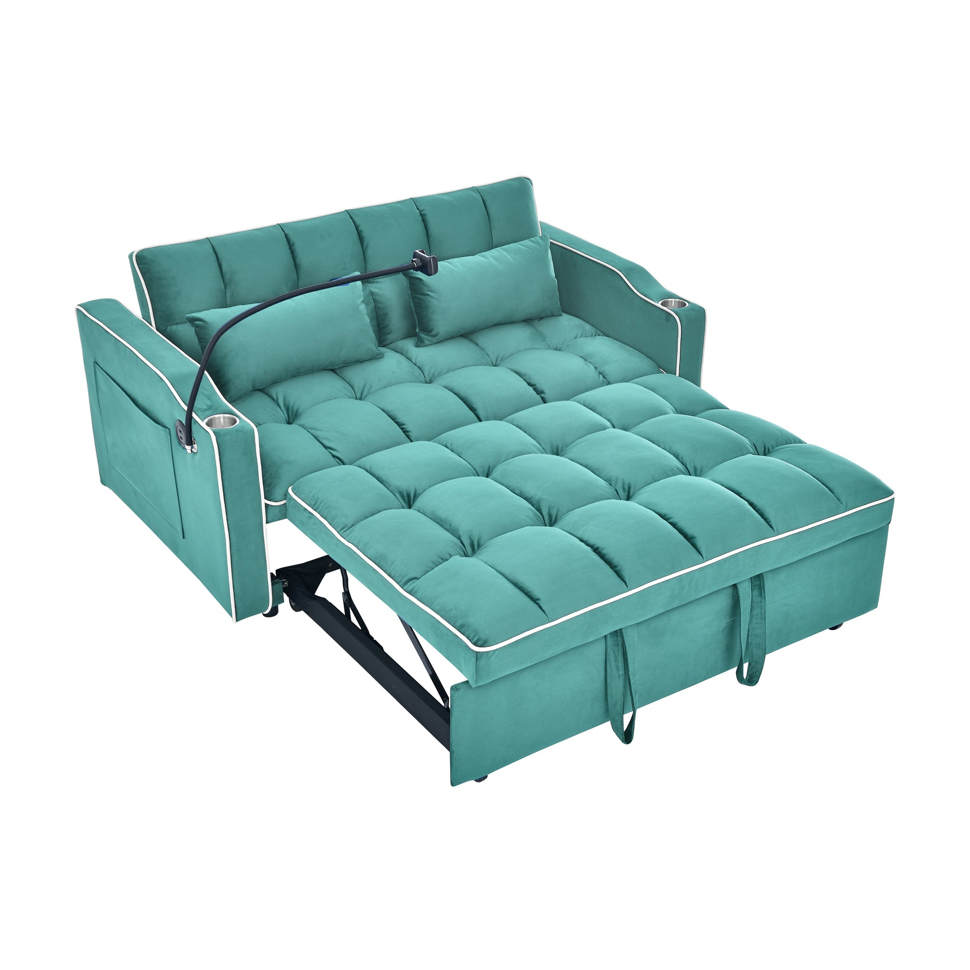 Teal velvet convertible sofa bed with tufted cushions and white piping