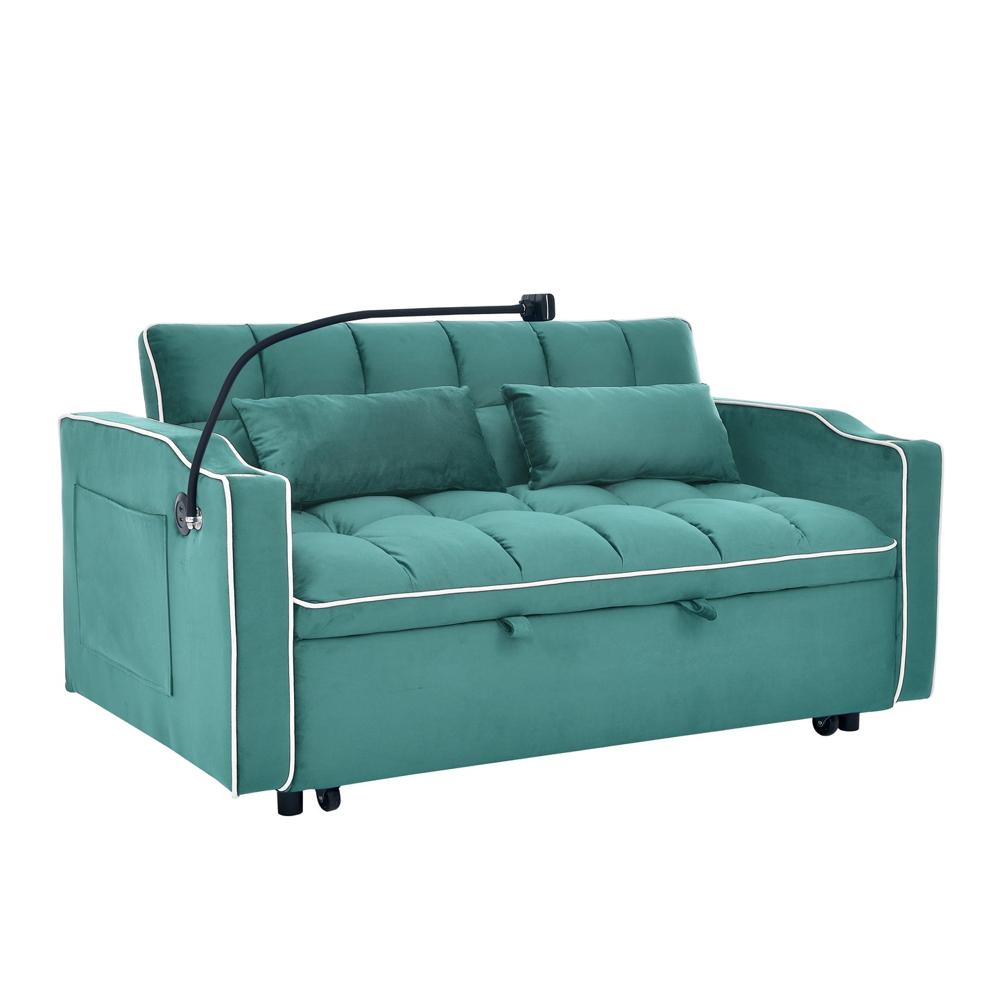 Teal velvet sofa bed with tufted cushions adjustable lamp and white piping for modern living rooms