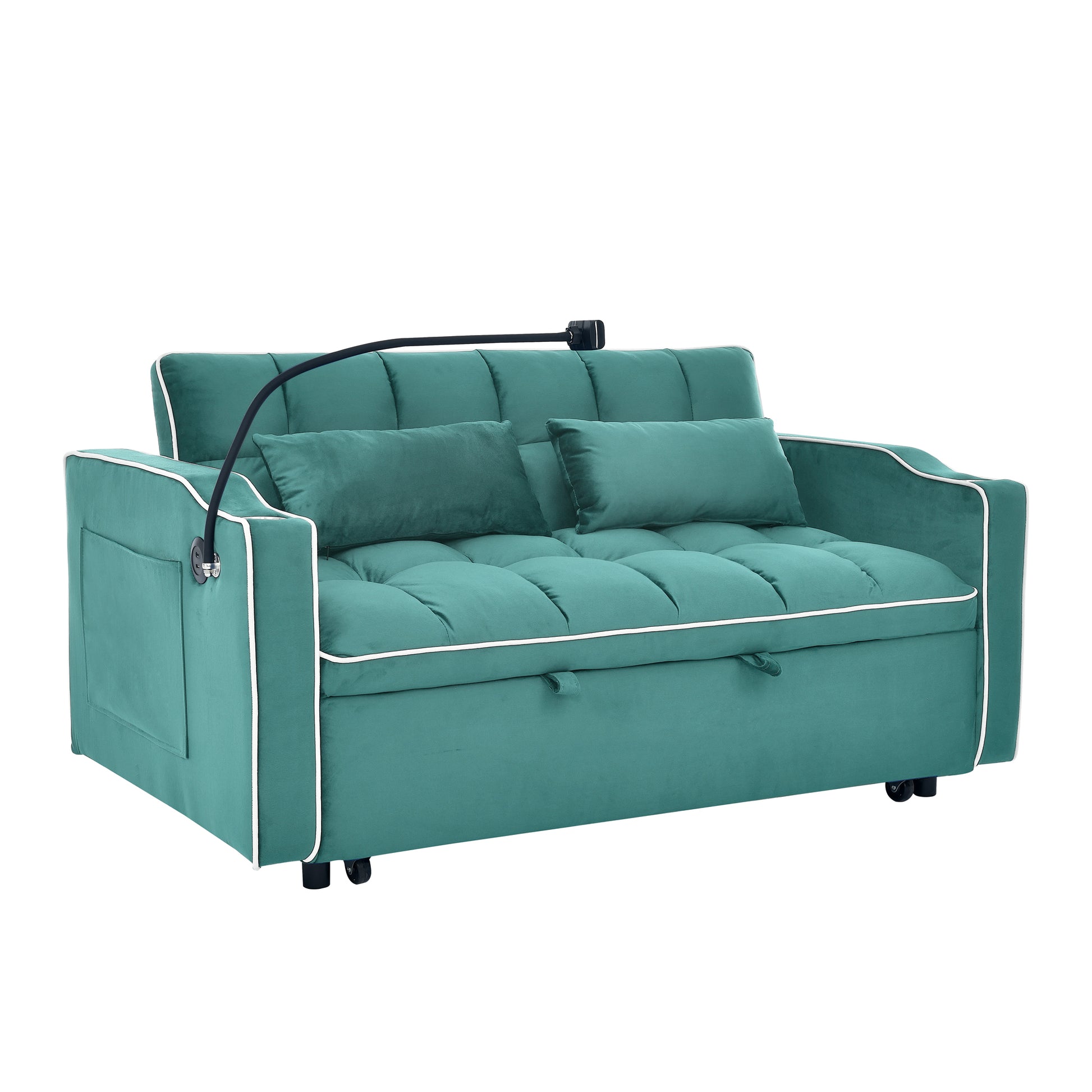 Teal velvet sofa bed with tufted cushions adjustable lamp and white piping for modern living rooms
