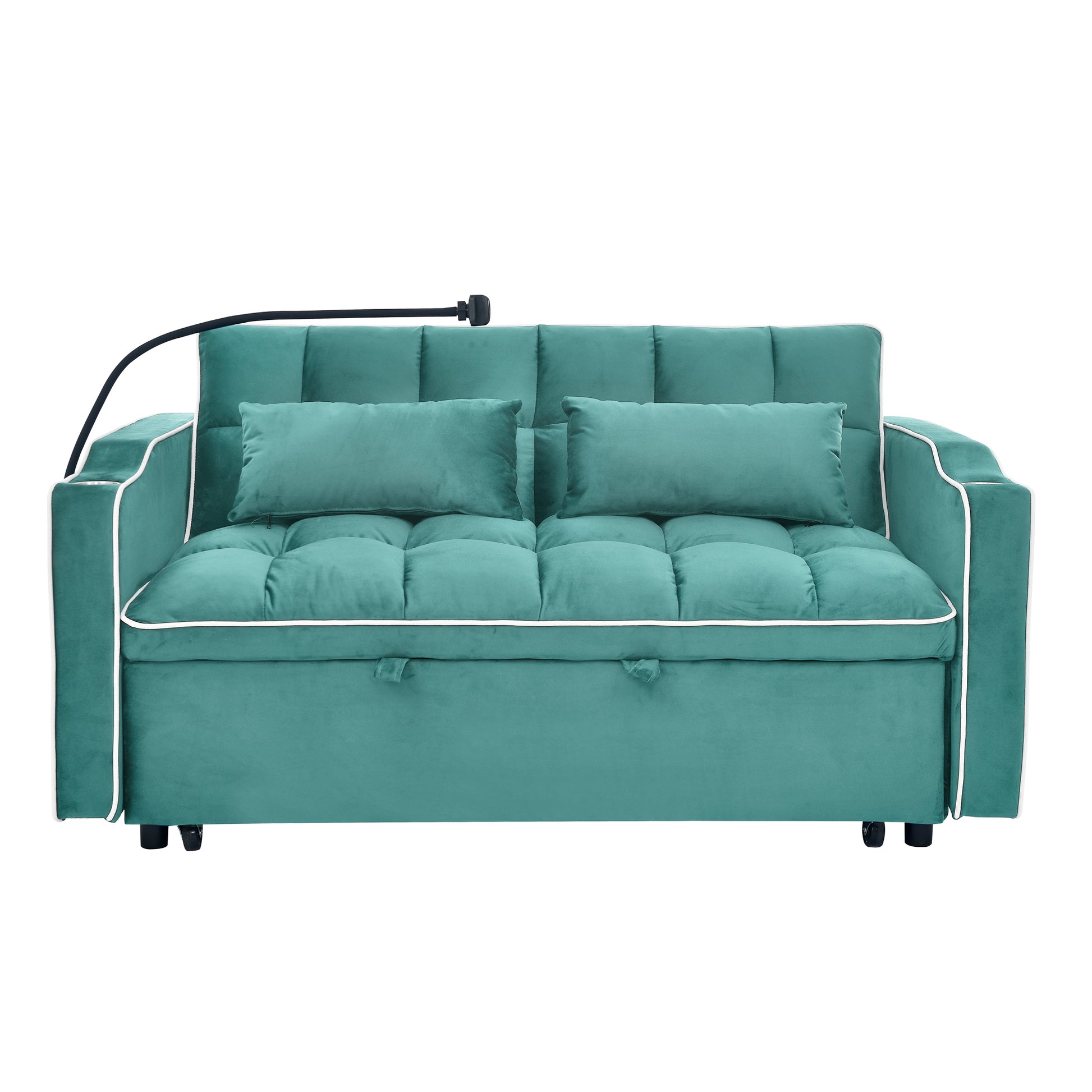 Teal velvet sofa bed with tufted cushions and white piping features adjustable lamp