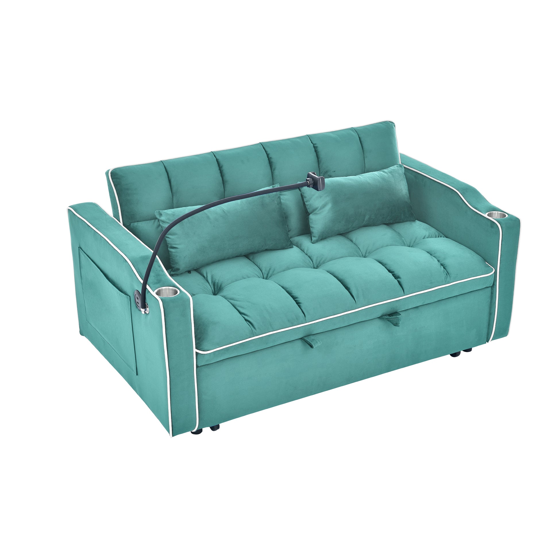 Teal velvet sofa bed with tufted cushions white piping and builtin reading lamp